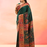 Forest Green Kani Silk Saree With Multicolour Shikargah Weave