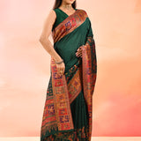 Forest Green Kani Silk Saree With Multicolour Shikargah Weave