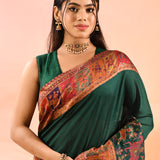 Forest Green Kani Silk Saree With Multicolour Shikargah Weave