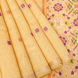 Cream Banarasi Linen Saree With Patan Patola Weave Pallu & Multicolour Butti