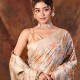 Champagne Beige Embroidered Silk Blend Saree
