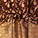 Deep Wine Purple Floral Butti Jaal Dense Floral Pallu Silk Banarasi Saree