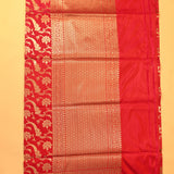 Red Banarasi Silk Saree With Gold Zari Shikargah Jaal Weave And Floral Peacock Motifs