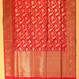 Red Banarasi Silk Saree With Gold Zari Shikargah Jaal Weave And Floral Peacock Motifs