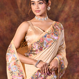 Creamish Beige Embroidered Tussar Saree
