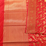 Red Banarasi Silk Saree With Gold Zari Shikargah Jaal Weave And Floral Peacock Motifs
