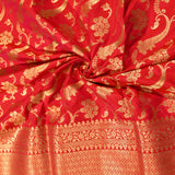 Red Banarasi Silk Saree With Gold Zari Shikargah Jaal Weave And Floral Peacock Motifs