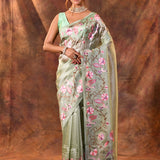 Pastel Green Floral Embroidered Tissue Silk Saree