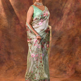 Pastel Green Floral Embroidered Tissue Silk Saree