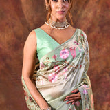 Pastel Green Floral Embroidered Tissue Silk Saree