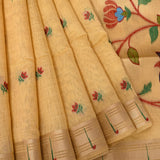 Golden Yellow Woven Floral Butti Linen Silk Banarasi Saree With Self Floral Vine Pallu