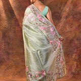 Pastel Green Floral Embroidered Tissue Silk Saree