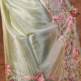 Pastel Green Floral Embroidered Tissue Silk Saree