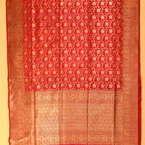 Red Banarasi Silk Saree With Gold Zari Floral Jaal Weave