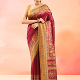 Royal Wine Kani Silk Sraee With Multicolour Floral Woven Border