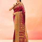 Royal Wine Kani Silk Sraee With Multicolour Floral Woven Border