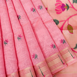 Baby Pink Woven Floral Butti Linen Silk Banarasi Saree With Self Floral Vine Pallu