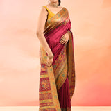 Royal Wine Kani Silk Sraee With Multicolour Floral Woven Border