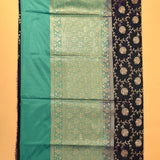 Navy Blue Banarasi Silk Saree With Silver Zari Floral Butti And Teal Contrast Border