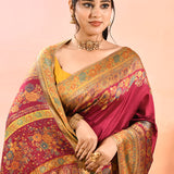Royal Wine Kani Silk Sraee With Multicolour Floral Woven Border