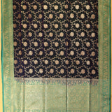 Navy Blue Banarasi Silk Saree With Silver Zari Floral Butti And Teal Contrast Border