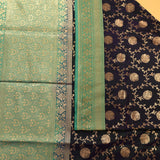Navy Blue Banarasi Silk Saree With Silver Zari Floral Butti And Teal Contrast Border