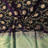 Navy Blue Banarasi Silk Saree With Silver Zari Floral Butti And Teal Contrast Border