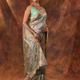Middle Green Embroidered Tissue Silk Saree