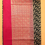 Black Banarasi Silk Saree With Gold Zari Floral Jaal And Pink Contrast Border