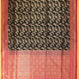 Black Banarasi Silk Saree With Gold Zari Floral Jaal And Pink Contrast Border