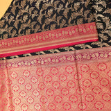 Black Banarasi Silk Saree With Gold Zari Floral Jaal And Pink Contrast Border