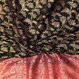 Black Banarasi Silk Saree With Gold Zari Floral Jaal And Pink Contrast Border
