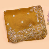 Mustard Yellow Organza Saree With Heavy Hand Embroidered Floral Vine Border And Star Booti