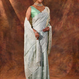 Pale Green Floral Silk Blend Saree