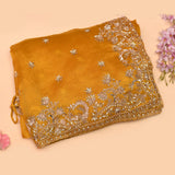 Mustard Yellow Organza Saree With Heavy Hand Embroidered Floral Vine Border And Star Booti