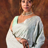 Pale Green Floral Silk Blend Saree