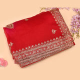 Red Organza Saree With Heavy Hand Embroidered Floral Vine Border And Star Booti
