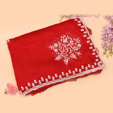 Red Georgette Saree With Hand Embroidered White Floral Border