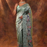 Shiny Green Embroidered Satin Silk Saree
