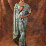 Shiny Green Embroidered Satin Silk Saree