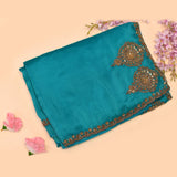 Teal Saree With Gold Medallion Embroidery