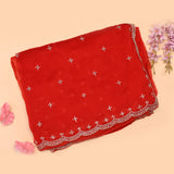 Red Georgette Saree With All Over Hand Embroidered Star Motifs And Chevron Border
