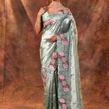 Seafoam Green Floral Silk Saree