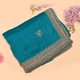Peacock Blue Hand Embroidered Saree With Multi-Row Sequin Border