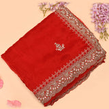 Red Hand Embroidered Gold Sequin Floral Scalloped Border Saree