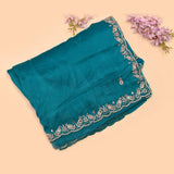 Teal Hand Embroidered Saree With Mirror Work Floral Border