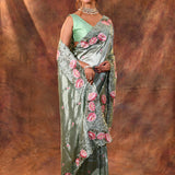 Seafoam Green Floral Silk Saree