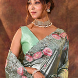 Seafoam Green Floral Silk Saree