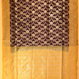 Deep Plum Banarasi Silk Saree With Gold Zari Floral Jaal And Mustard Contrast Border