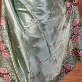 Seafoam Green Floral Silk Saree